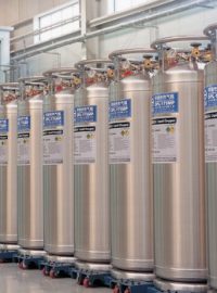 Row of cryogenic gas tanks to help keep tissue and blood properly chilled so they can be used in hospitals and laboratories.