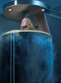 Woman experiencing cryotherapy. Cryotherapy is commonly used in CRYO health centers is the latest health trend to help reduce inflammation and treat injuries.