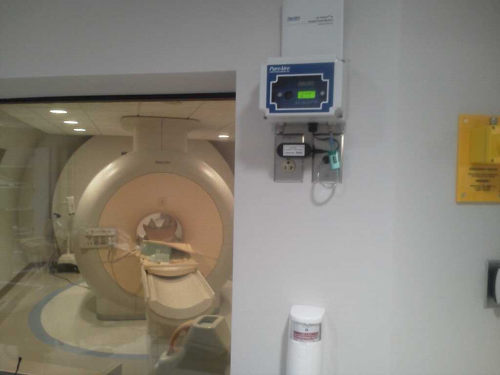 Oxygen monitor seen outside MRI room in a hospital.